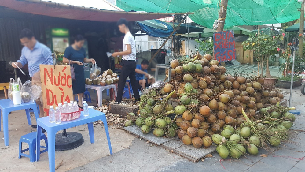 Một quầy bán dừa ở vỉa hè Hà Nội (Ảnh: VOV)