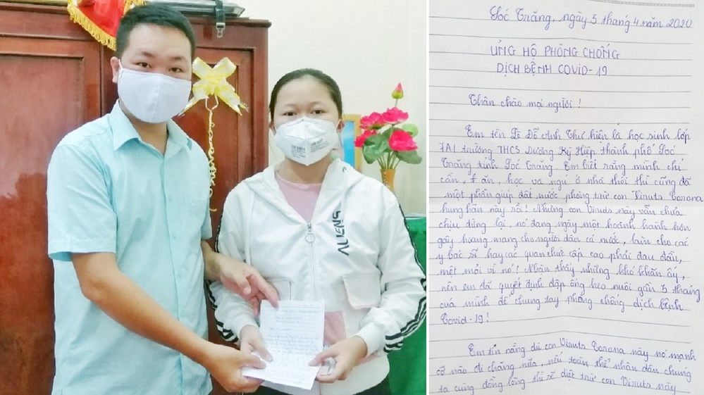  
Cô nữ sinh lớp 7 mang tiền tiết kiệm đi ủng hộ cùng bức thư đầy xúc động (Ảnh: Tin247)