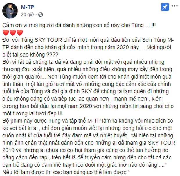  
Bài viết trên trang fanpage chính thức của Sơn Tùng M-TP. (Ảnh: Chụp màn hình).