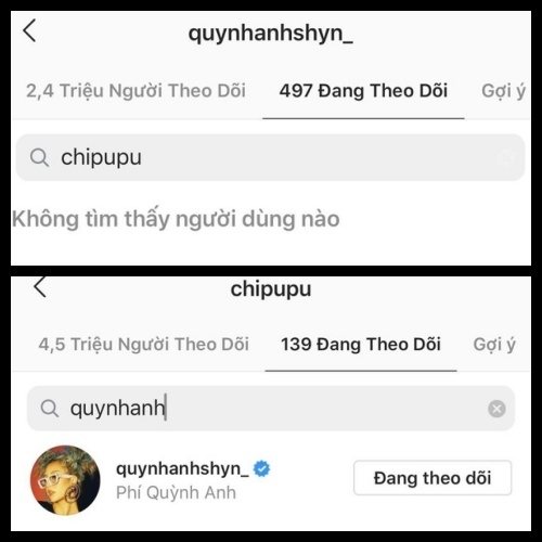  
Trên Instagram, nay chỉ mỗi Chi Pu follow Quỳnh Anh Shyn. Ảnh: Chụp màn hình