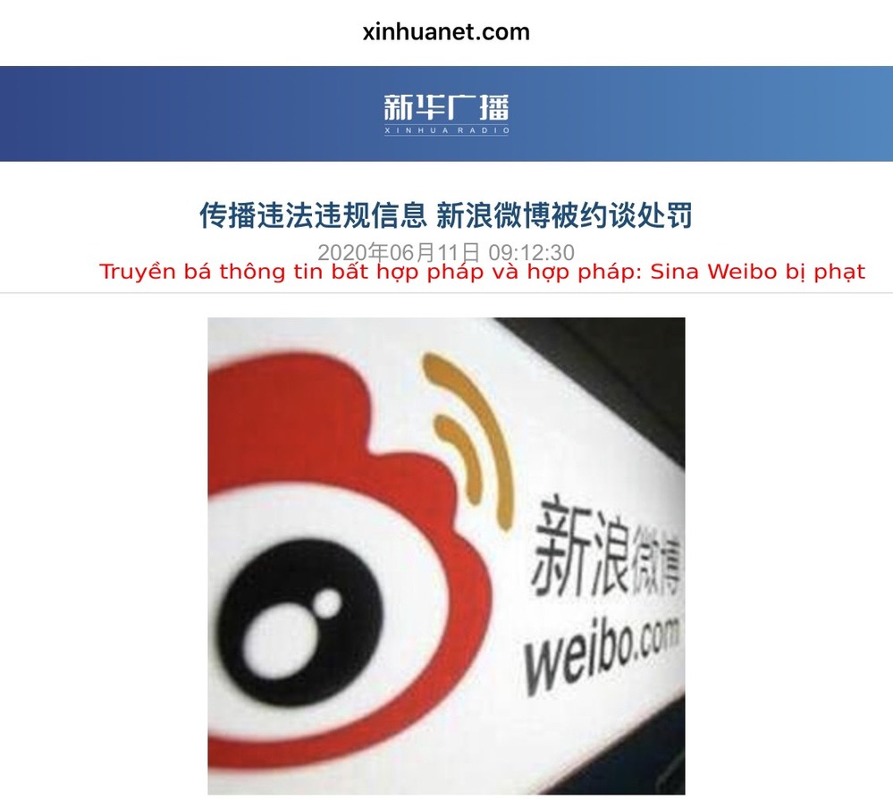  
Bài báo đăng tin về việc Weibo bị đình chỉ. (Ảnh: Xinhua)