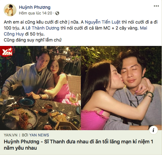  
Huỳnh Phương tiết lộ số tiền mừng nếu mình làm đám cưới. (Ảnh: FBNV)