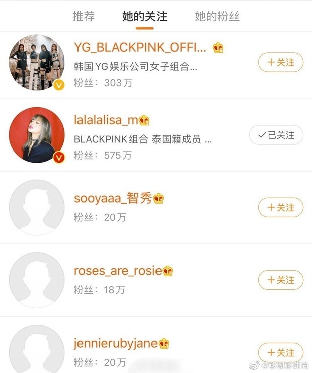  
Ngu Thư Hân unfollow sau đó follow lại tài khoản của Lisa để tên 4 thành viên nằm cạnh nhau. Ảnh: Weibo