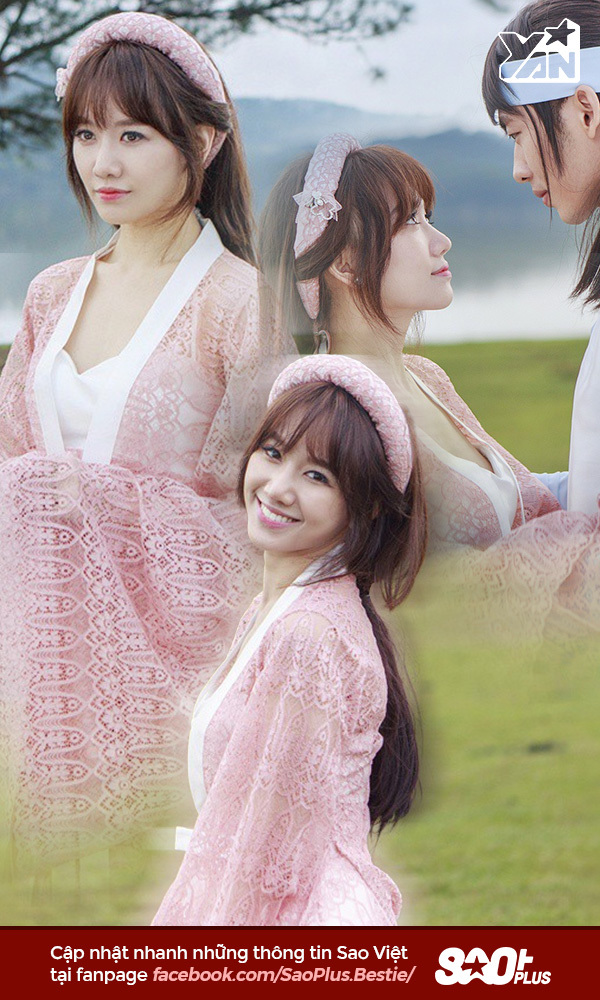  
Hari Won hóa thôn nữ nhẹ nhàng với bộ cánh gam trắng hồng, việc tiết chế makeup tôn được vẻ đẹp mộc mạc, phù hợp với nội dung MV của bà xã Trấn Thành. (Ảnh: YAN)