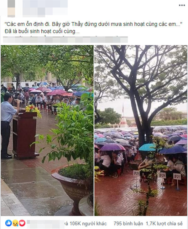  
Hình ảnh thầy đứng giữa mưa được chia sẻ trên mạng xã hội. (Ảnh: Chụp màn hình)