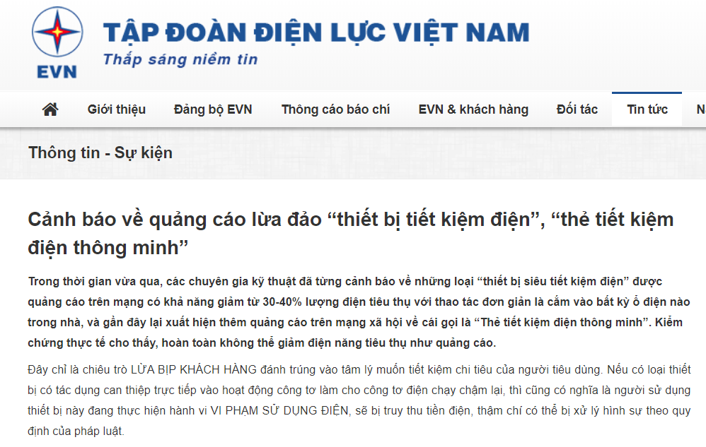  
Tập đoàn Điện lực Việt Nam đã từng đưa ra cảnh báo về những loại thiết bị tiết kiệm điện. (Ảnh chụp màn hình)