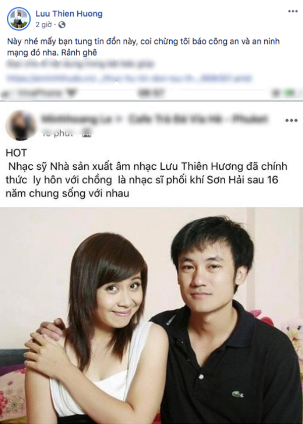  
Lưu Thiên Hương bức xúc khi bị đồn ly hôn chồng. (Ảnh: FBNV)