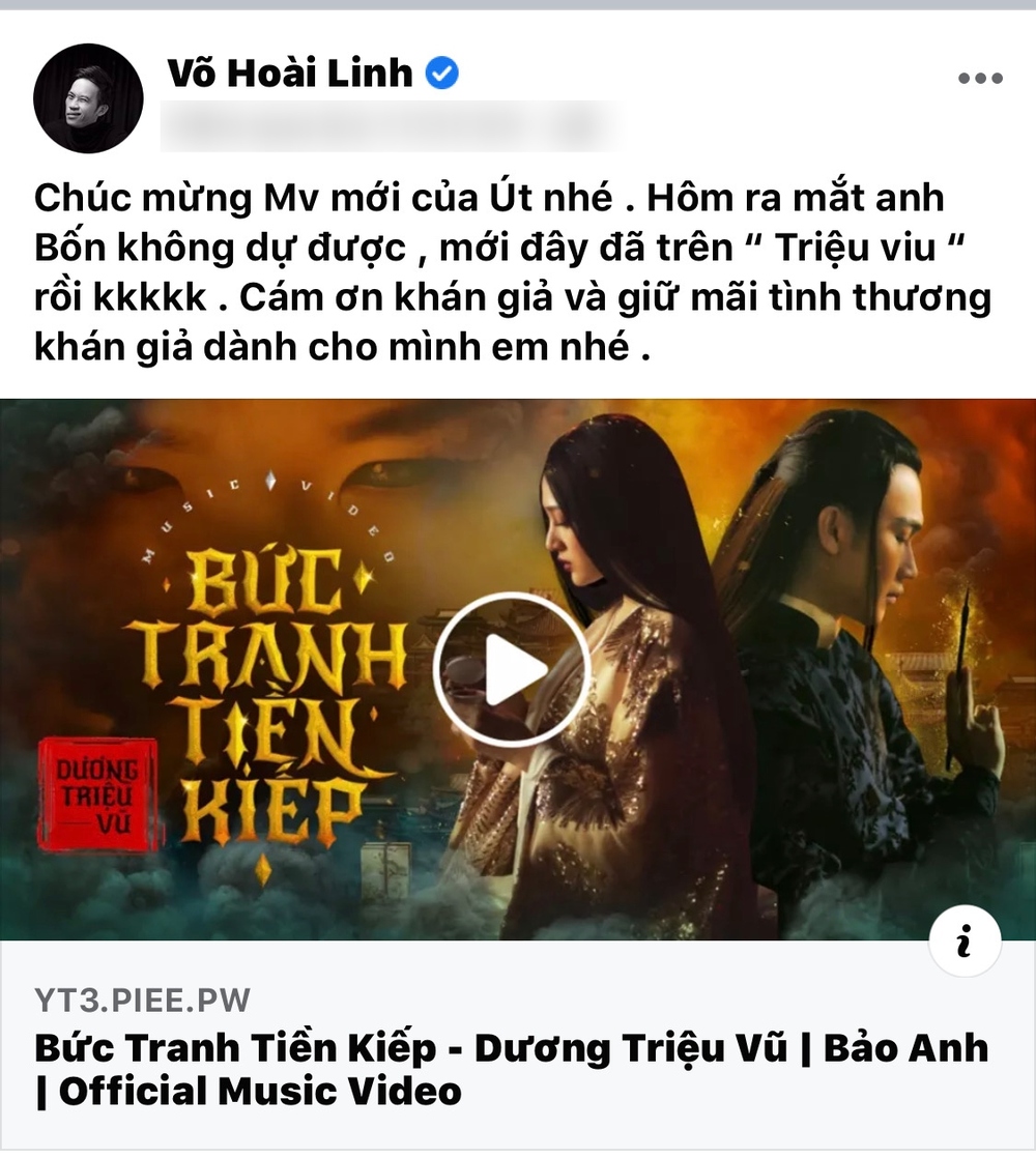  
Hoài Linh ủng hộ MV mới của Dương Triệu trên trang cá nhân (Ảnh: chụp màn hình).