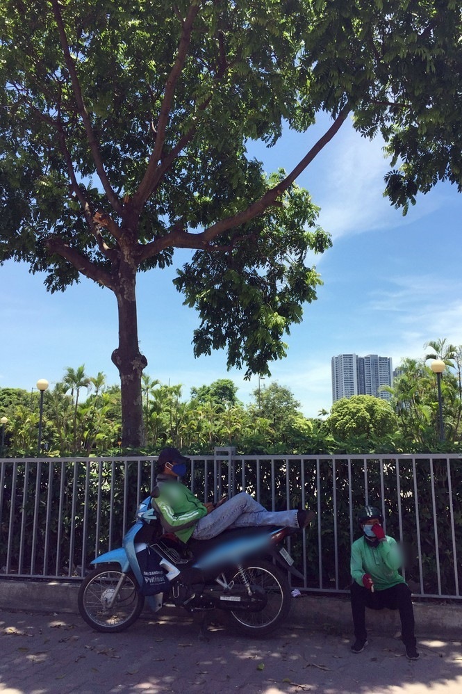  
Hai tài xế xe ôm công nghệ chọn nghỉ chân dưới bóng râm (Ảnh: Tiền Phong)