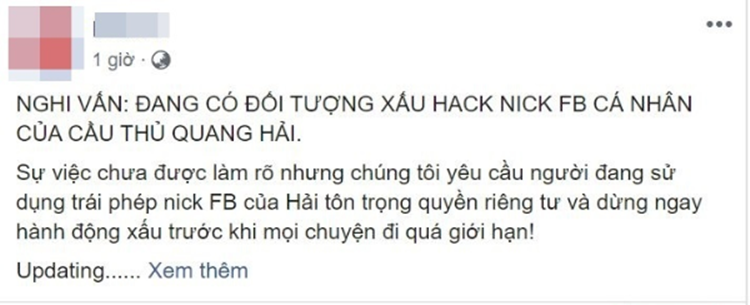  
Nghi vấn về việc Quang Hải bị hack Facebook (Ảnh chụp màn hình)