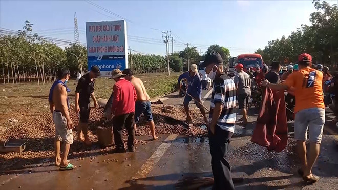 Người dân hỗ trợ tài xế thu gom hạt điều bị đổ xuống đường (Ảnh: Thanh Niên)