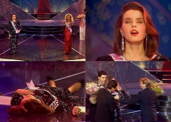  
Quá trình ngất xỉu trong vòng một giây của Hoa hậu Pháp 1989 cũng khiến nhiều người bật cười và cho rằng cô diễn quá sâu. Ảnh: BBC