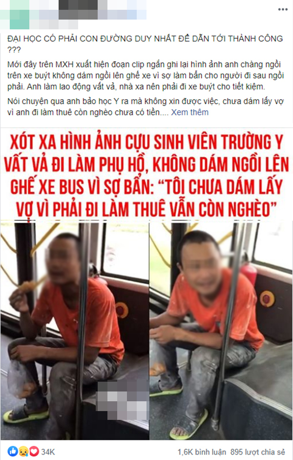  
Cựu sinh viên trường y làm phụ hồ không dám ngồi ghế trên xe buýt vì sợ bẩn. (Ảnh: Chụp màn hình)