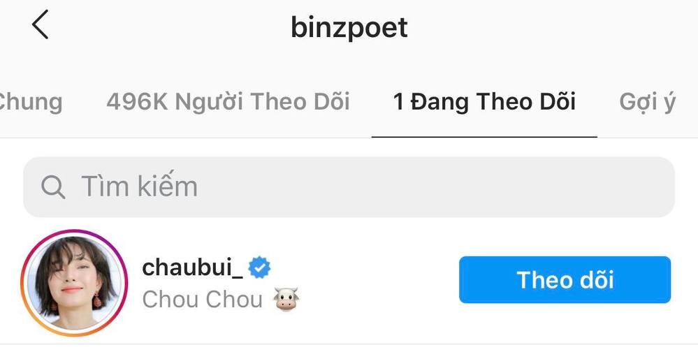  
Binz chỉ follow duy nhất Châu Bùi trên Instagram. Ảnh: Chụp màn hình
