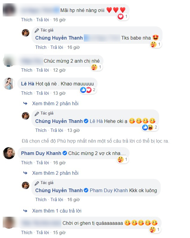  
Đồng đội cũ Lê Hà và ông bầu quản lý hoa hậu, người mẫu Duy Khánh cũng bình luận chung vui với cả hai (Ảnh chụp màn hình)