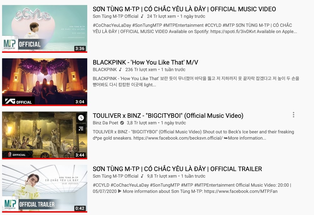  
MV của Sơn Tùng và Binz đều nằm trong danh sách thịnh hành của YouTube. Ảnh: Chụp màn hình