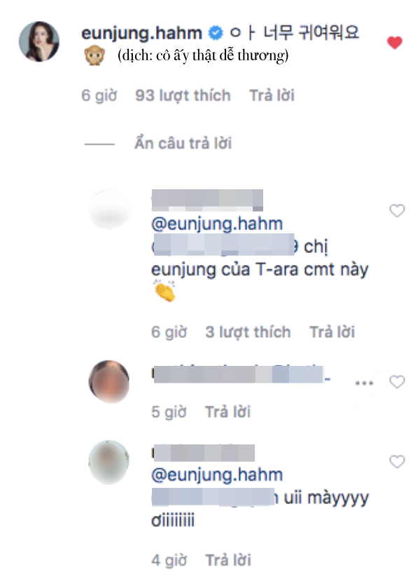  
Fan thích thú khi Eunjung (T-Ara) bình luận ảnh của Hari Won​. (Ảnh: chụp màn hình)