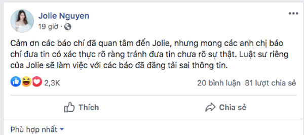  
Jolie Nguyễn cho biết sẽ nhờ luật sư vào cuộc (Ảnh chụp màn hình)