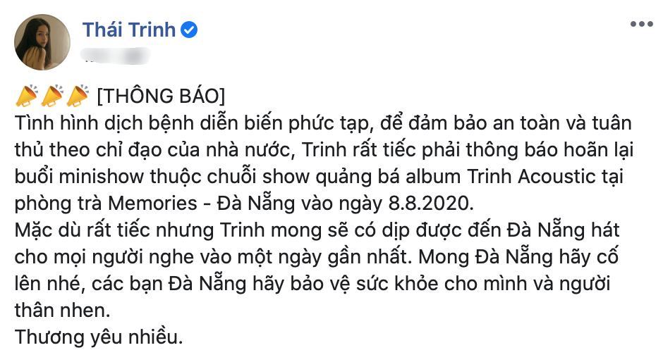 
Buổi minishow của Thái Trinh không thể diễn ra như dự kiến. Ảnh: Chụp màn hình