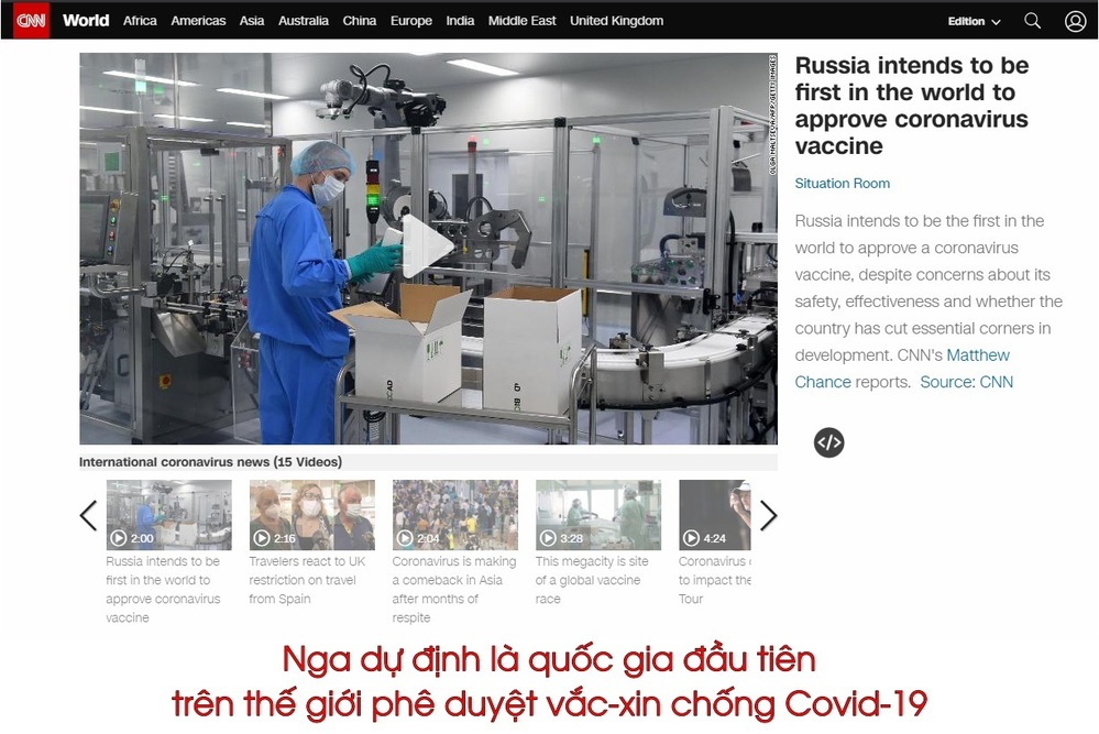  
Bài đăng trên CNN về khả năng điều chế vắc-xin tại Nga. (Ảnh: Chụp màn hình)