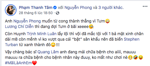  
Dòng caption gây chú ý của Thanh Tâm khi gọi Quang Lâm là "Mãi là anh em" (Ảnh: Chụp màn hình).