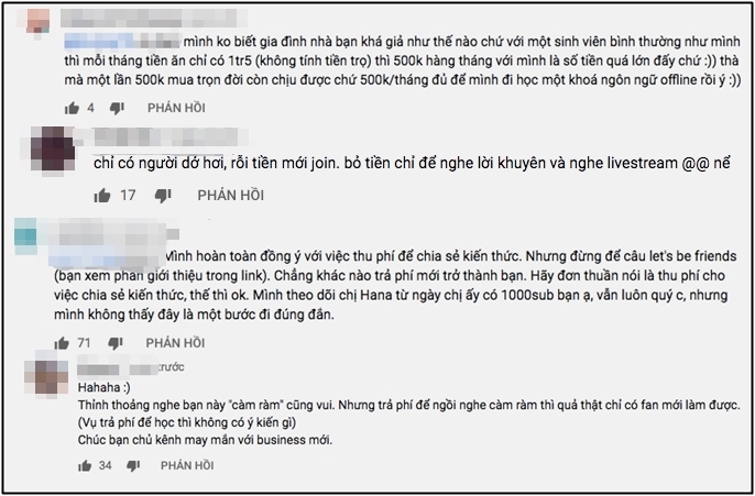  
Nhiều cư dân mạng Việt bất bình trước chuyện thu phí trên kênh của Hana's Lexis. (Ảnh chụp màn hình) 