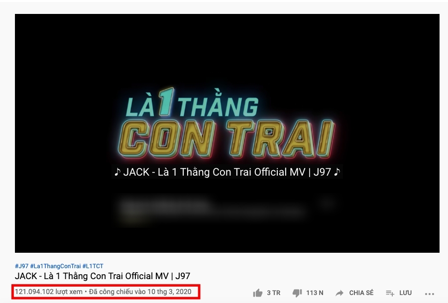  
MV đạt 3 triệu like của Jack trong thời gian ngắn (Ảnh: chụp màn hình).