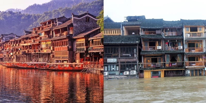  
Các ngôi nhà ven sông ngập cao, không còn nhận ra khung cảnh thị trấn du lịch ngày nào. (Ảnh: China News)