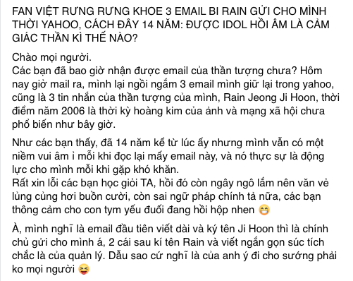  
Fan chia sẻ về kỷ niệm khi được chính Bi Rain trả lời email. Ảnh: Chụp màn hình