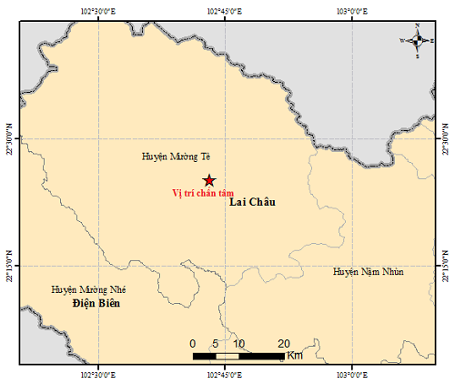  
Bản đồ tâm chấn trận động đất xảy ra vào sáng 29/6/2020 tại biên giới thuộc huyện Mường Tè. (Ảnh: Tuổi Trẻ)