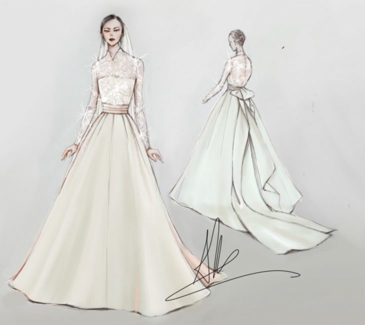  
Cận cảnh bản phác thảo váy cưới của Đặng Thu Thảo. (Ảnh: FBNV)