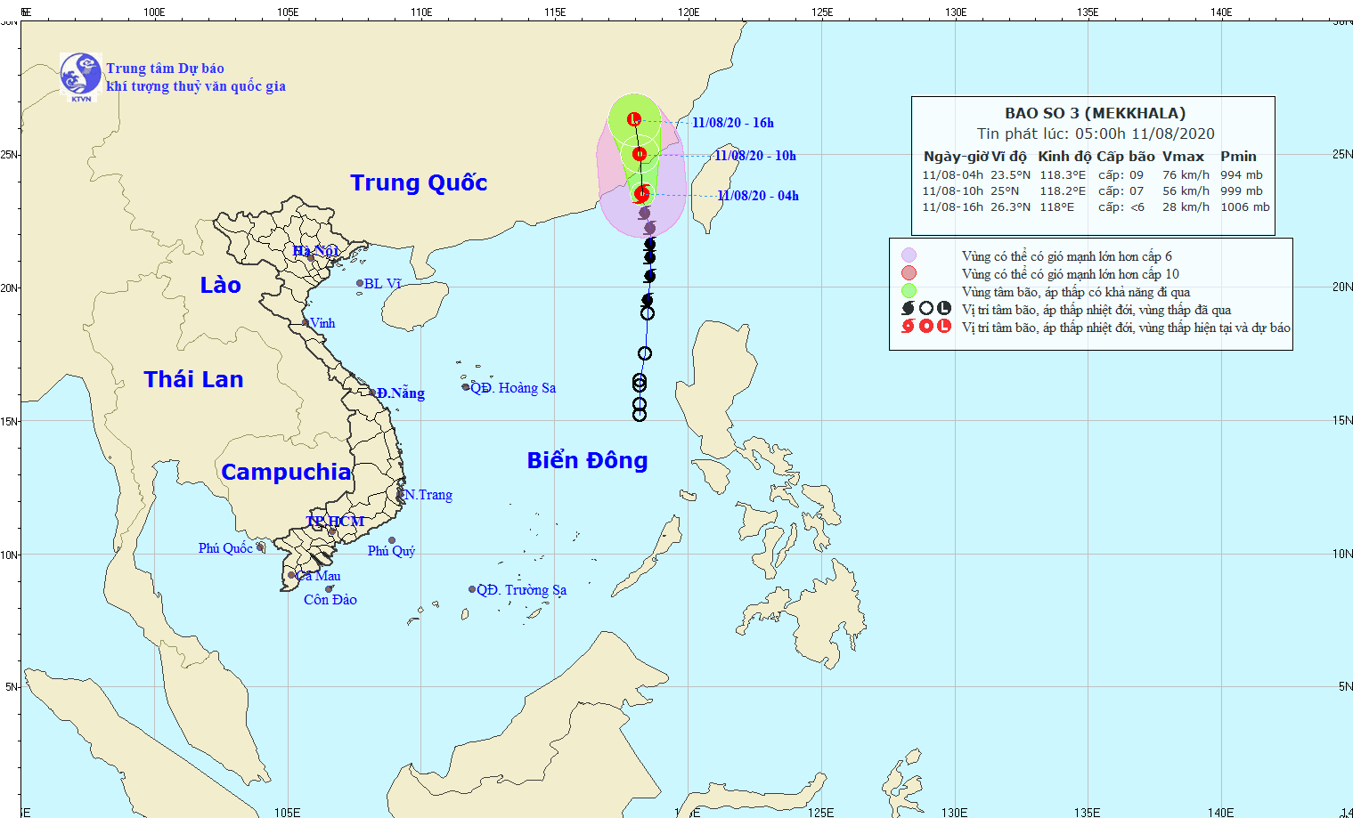  
Hồi 4 giờ ngày 11/8, vị trí tâm bão số 3 ngay trên vùng biển phía Nam tỉnh Phúc Kiến (Trung Quốc) (Ảnh:Trung tâm Dự báo Khí tượng Thủy văn Quốc gia)