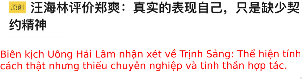  
Bài báo đưa tin về những lời nhận xét của Uông Hải Lâm dành cho Trịnh Sảng. (Ảnh: Sina) 
