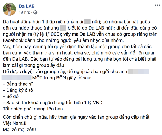 
Thời mới lập fanpage, Da LAB đã tung đề khó thế này để kết nạp fan rồi cơ mà. Ảnh: Chụp màn hình