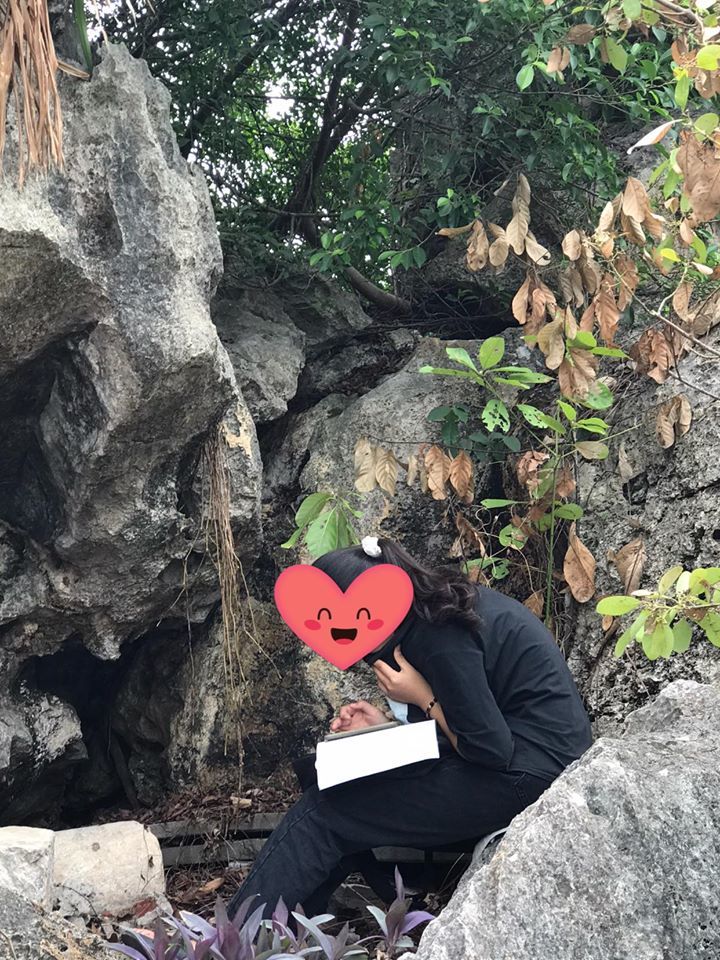  
Nữ sinh chăm chú học bài trên hốc núi đá. (Ảnh: FB T.N.T)