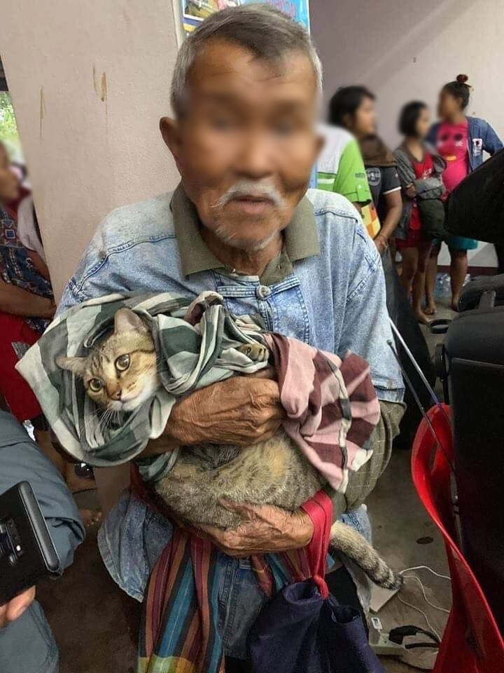  
Hình ảnh cụ ông và chú mèo tại nơi tránh bão. (Ảnh: Alex Marine Junyatanakorn)