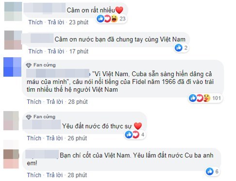 
Cư dân mạng Việt bày tỏ sự cảm kích trước tấm lòng của đất nước Cuba. Ảnh: Chụp màn hình