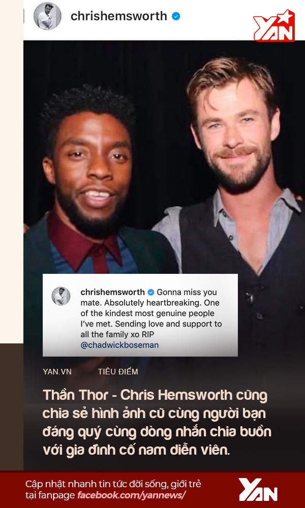  
Thần Thor - Chris Hemsworth cũng chia sẻ hình ảnh cũ cùng người bạn đáng quý cùng dòng nhắn chia buồn với gia đình cố nam diễn viên. (Ảnh: Chụp màn hình)