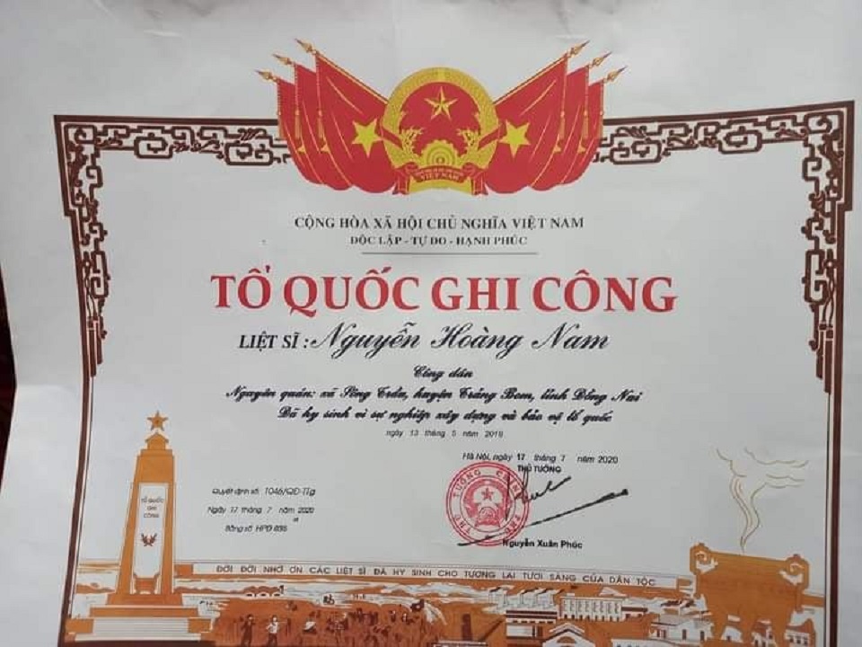  
 Liệt sĩ Nguyễn Hoàng Nam do đã hy sinh vì sự nghiệp xây dựng và bảo vệ Tổ quốc. (Ảnh: Tiêu dùng)