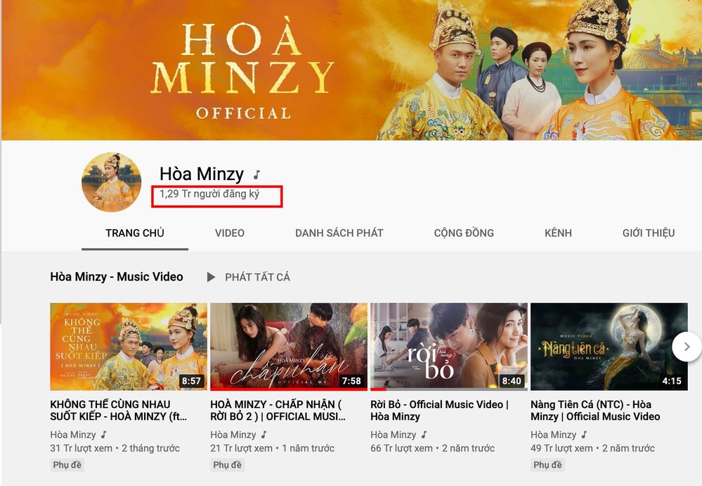 
Kênh YouTube của Hòa Minzy có gần 1,3 triệu người đăng ký. Ảnh: Chụp màn hình