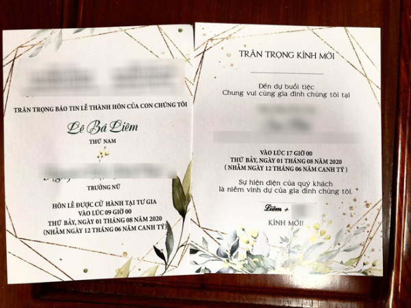  
Thiệp cưới của chiến sĩ biên phòng Lê Bá Liêm. (Ảnh: Zing)