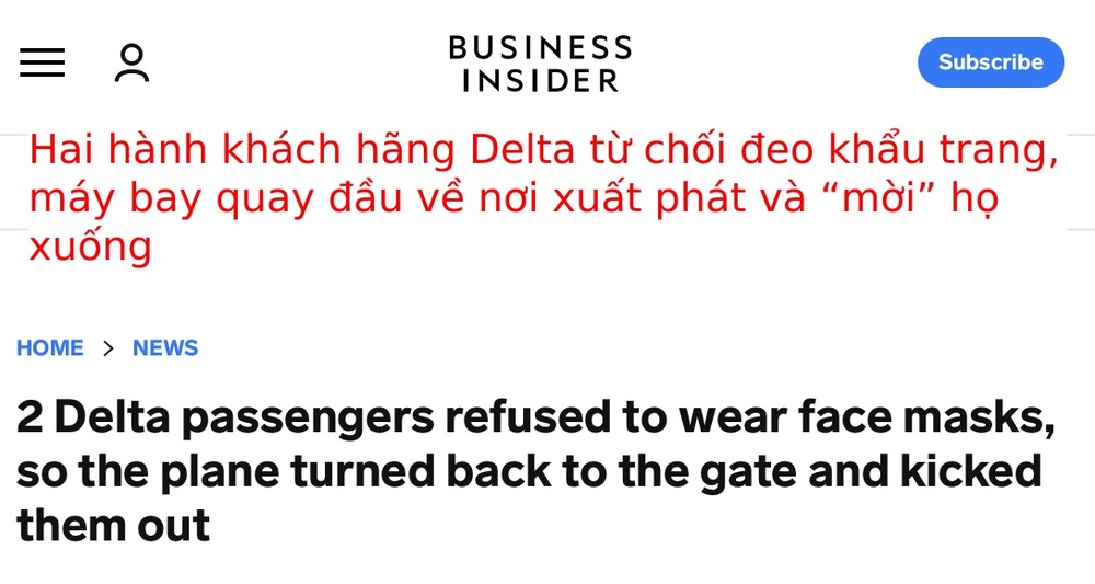  
Tờ báo đưa thông tin về hai hành khách bị "tống cổ" khỏi máy bay vì không đeo khẩu trang. (Ảnh: Insider) 
