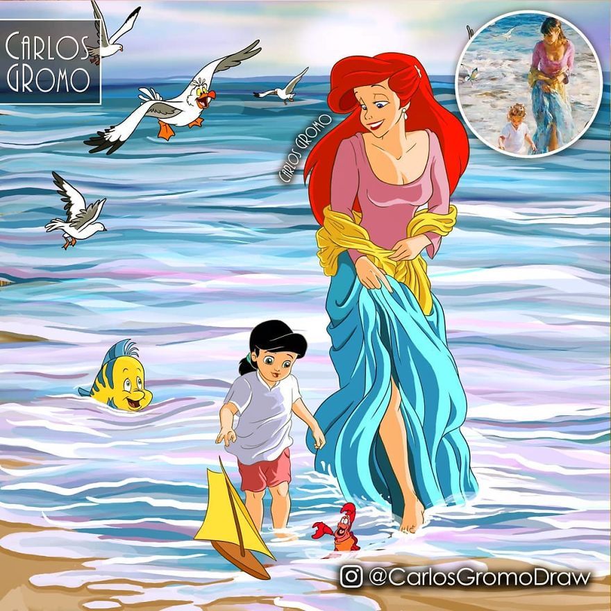  Ariel và cô con gái Melody được phác họa theo bức tranh Precious Moments của Michael & Inessa Garmash (Ảnh: @carlosgromodraw)