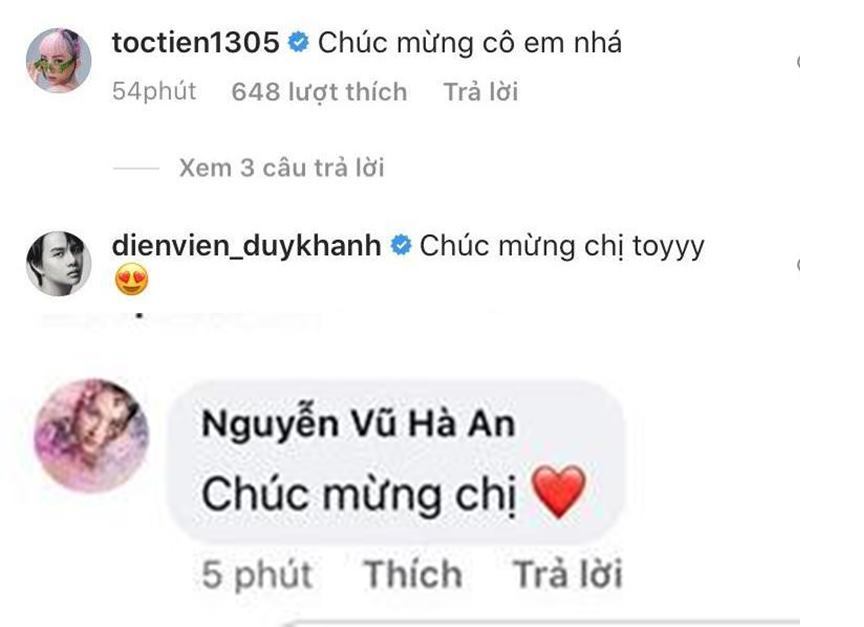 
Tóc Tiên và Duy Khánh cũng bình luận trên Instagram để chúc mừng Hương Giang hiện tại là "hoa đã có chủ". (Ảnh: Chụp màn hình) - Tin sao Viet - Tin tuc sao Viet - Scandal sao Viet - Tin tuc cua Sao - Tin cua Sao