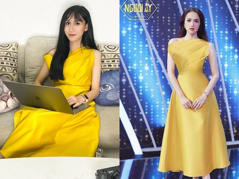  
Mẫu váy vàng nữ tính Lynk Lee diện "đụng hàng" Hương Giang. (Ảnh: T.H)