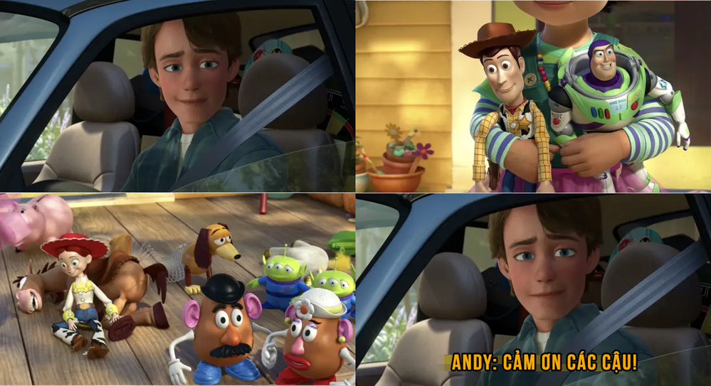  
Andy bùi ngùi nhìn lại những đồ chơi cũ - những người bạn từng thân thiết của mình (Ảnh Pixar)