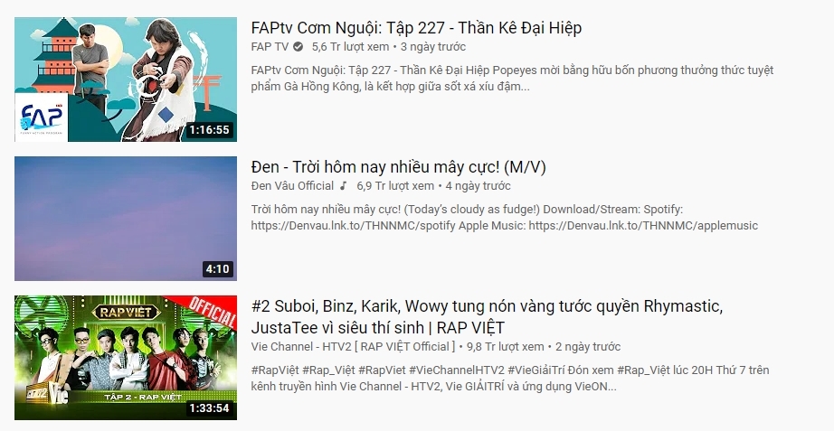 
Hình ảnh 3 vị trí đầu của top trending YouTube tại Việt Nam hiện tại