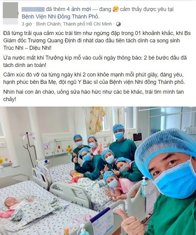  
Dòng chia sẻ của bác sĩ Minh về tình hình sức khỏe của cặp song sinh (Ảnh chụp màn hình)