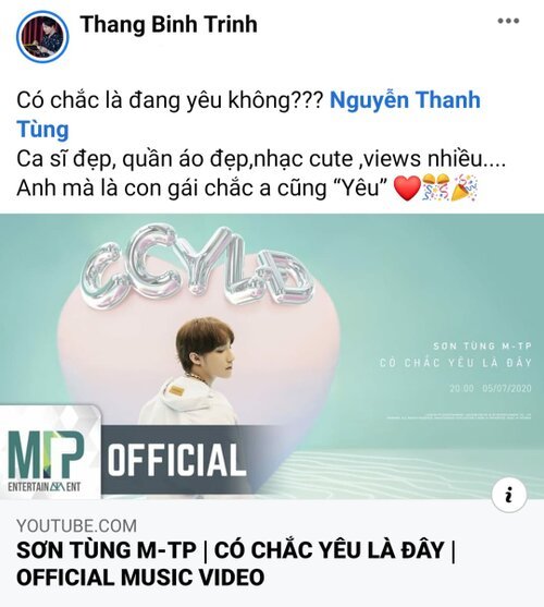 
Trịnh Thăng Bình ủng hộ sản phẩm âm nhạc của Sơn Tùng. Ảnh: Chụp màn hình