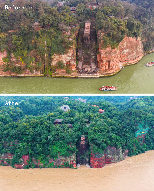  
Tượng Lạc Sơn Đại Phật trước và sau khi xuất hiện mưa lớn và lũ bùn. (Ảnh: China Daily)